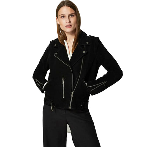 women's black suede leather jacket amelie front view
