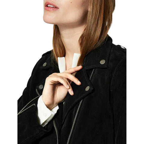 women's black suede leather jacket amelie detail close up