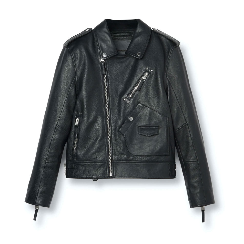 • mens black full grain leather biker jacket cowhide front view
