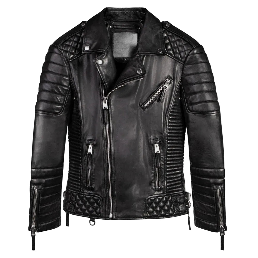 • black quilted biker leather jacket mens front view
