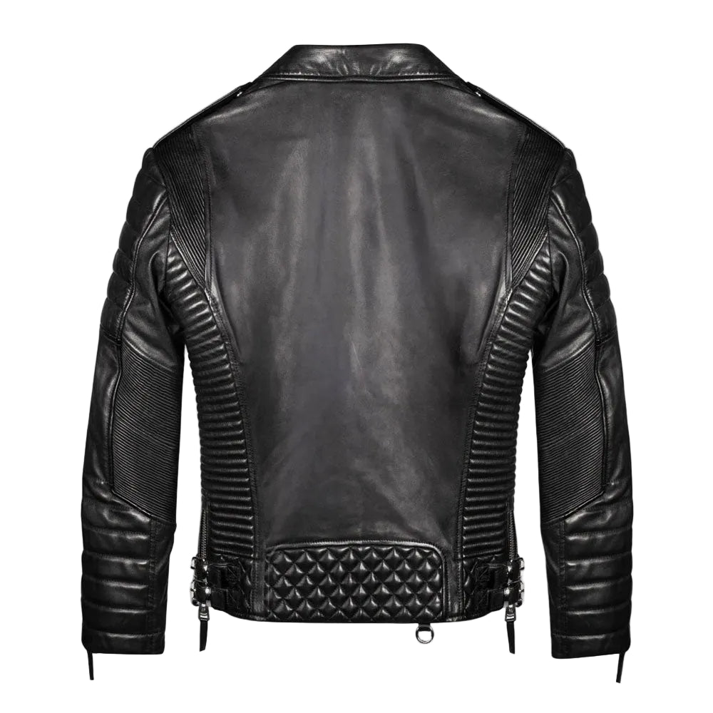 • mens quilted motorcycle leather jacket shoulder detail
