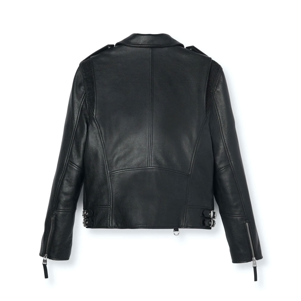 • black motorcycle leather jacket heavy hardware detail
