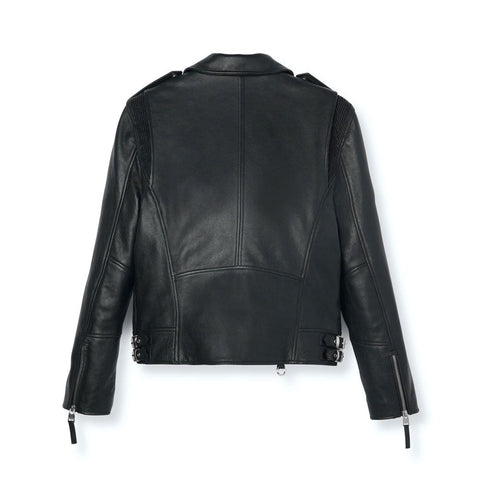 • black motorcycle leather jacket heavy hardware detail
