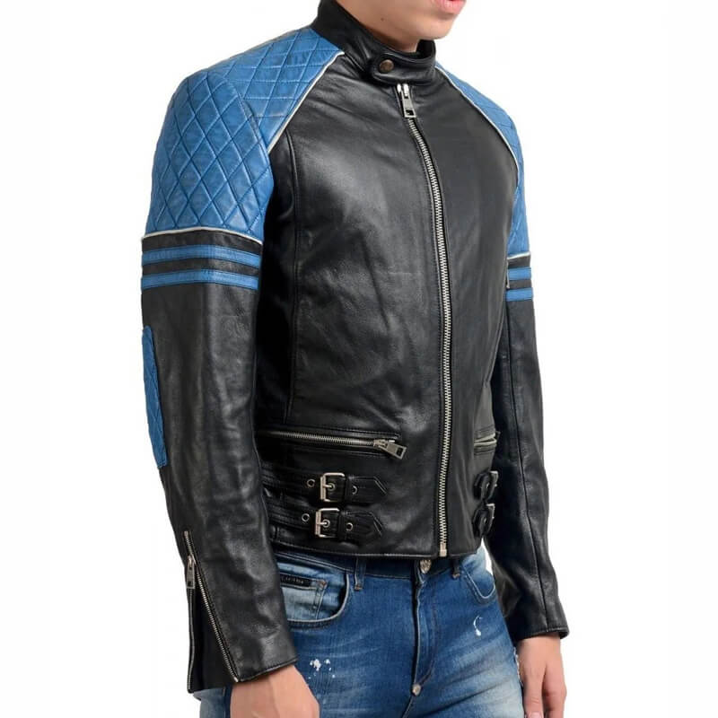 Men’s Quilted Biker Stylish Black and Blue Leather Jacket - AMSEL LEATHERS