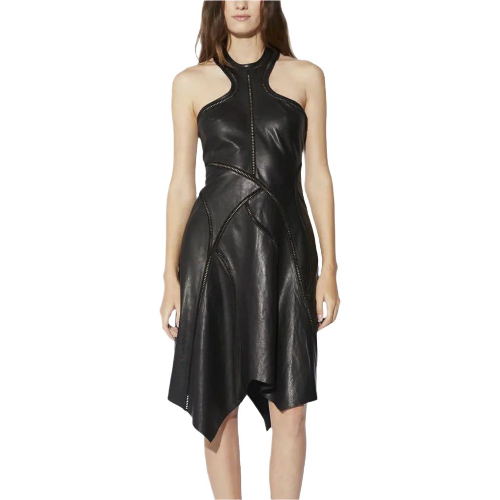 Black Asymmetrical Leather Dress for Women - AMSEL LEATHERS