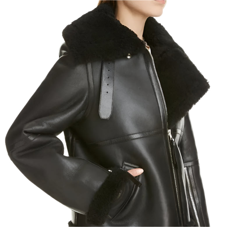 Black Aviator B-3 Sherpa Leather Jacket for Women - AMSEL LEATHERS