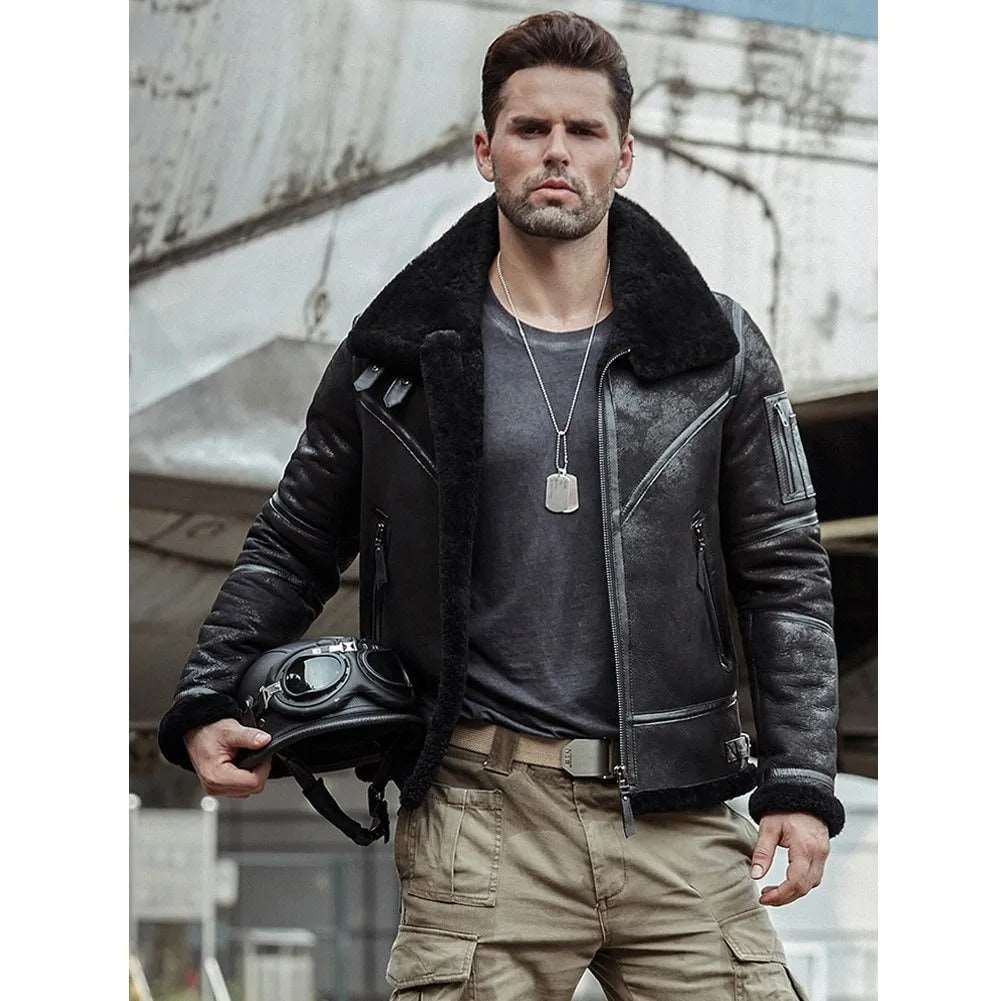 Black B3 Shearling Flight Jacket Aviator Winter Coat - AMSEL LEATHERS