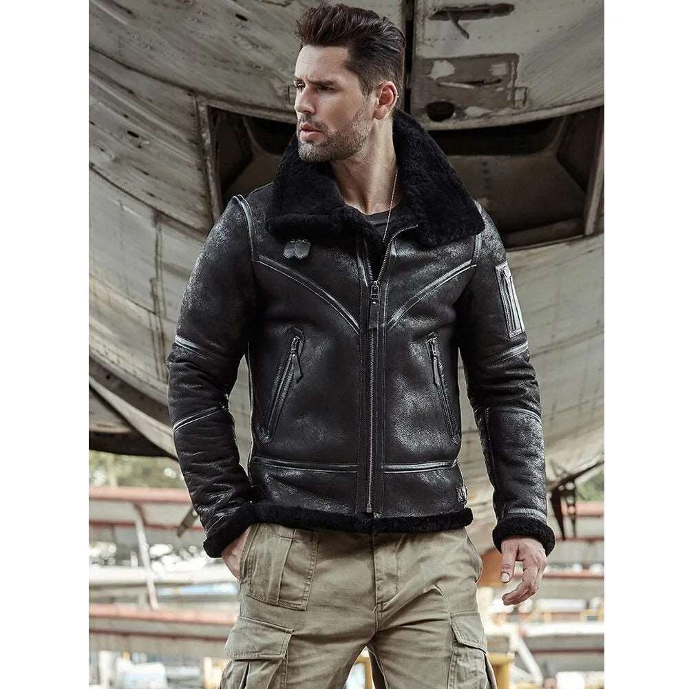 Black B3 Shearling Flight Jacket Aviator Winter Coat - AMSEL LEATHERS