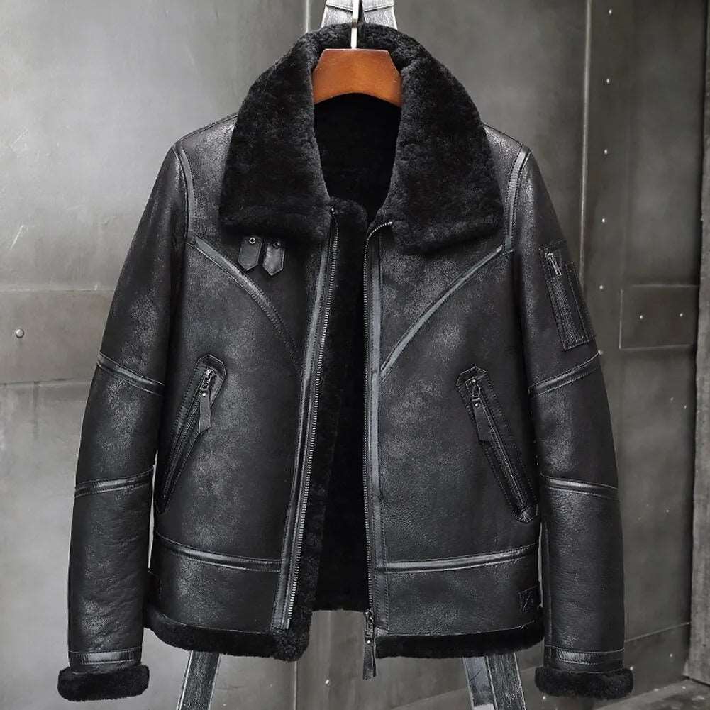 Black B3 Shearling Flight Jacket Aviator Winter Coat - AMSEL LEATHERS