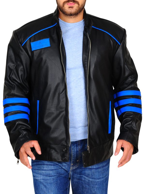 • mens black blue motorcycle jacket snap collar detail
