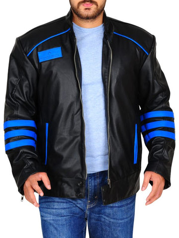 • mens black blue motorcycle jacket snap collar detail
