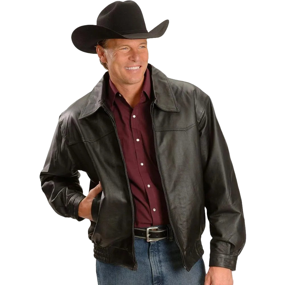 • black bomber leather jacket lapel collar mens front view
