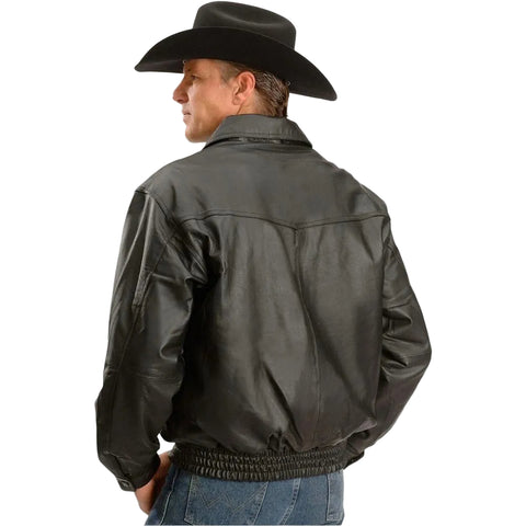 • mens black leather bomber jacket snap cuff detail
