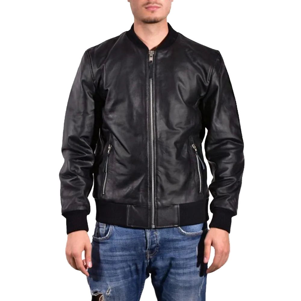 • black leather bomber jacket mens front view
