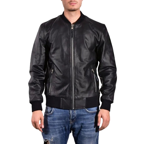 • black leather bomber jacket mens front view
