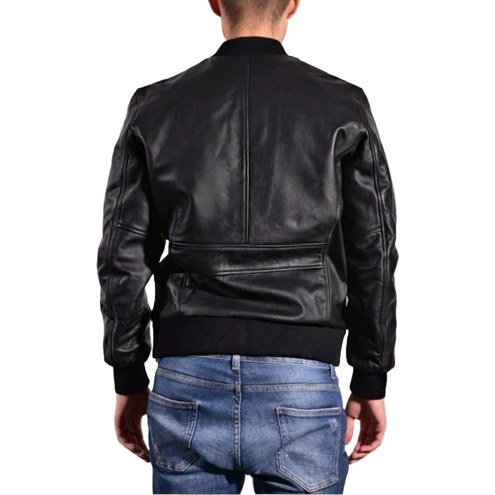 • mens leather bomber jacket zipper detail
