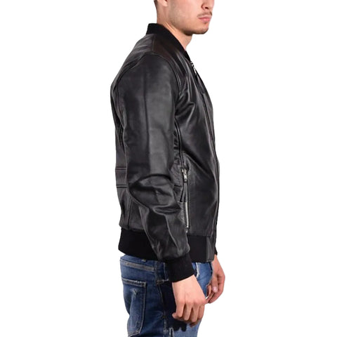 • black bomber jacket ribbed collar close up
