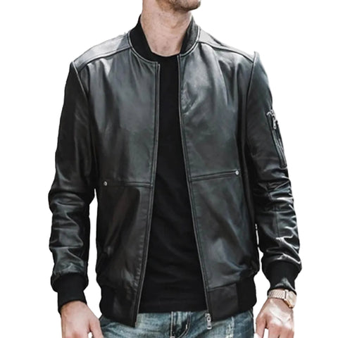 • black leather bomber jacket mens front view
