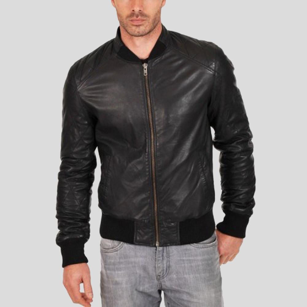 • black bomber leather jacket mens front view
