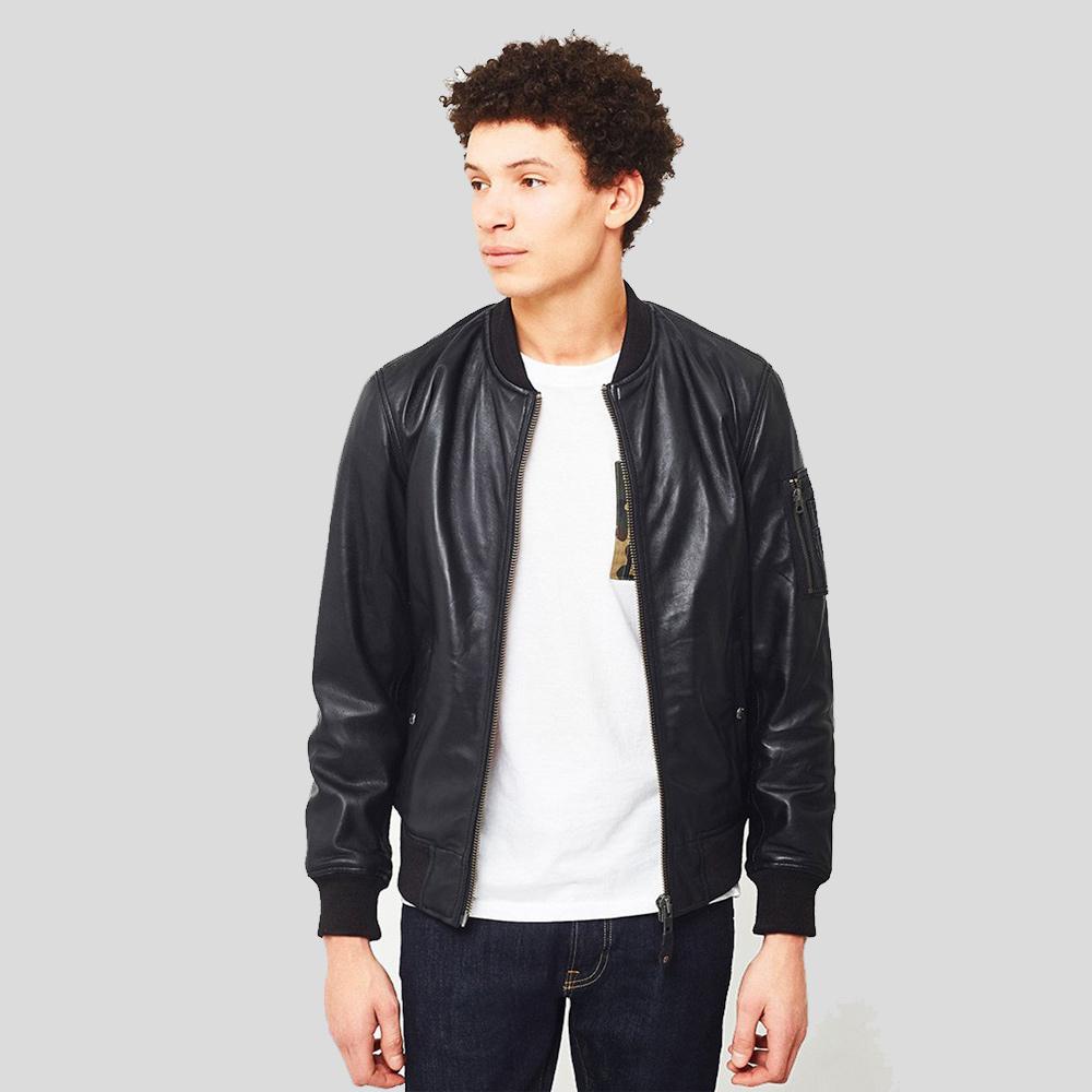 men's black lambskin leather bomber jacket carden front view