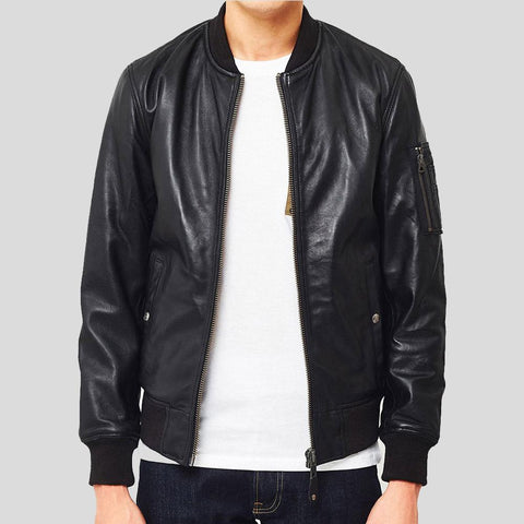 men's black lambskin leather bomber jacket carden side angle