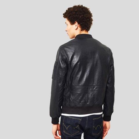 men's black lambskin leather bomber jacket carden back view