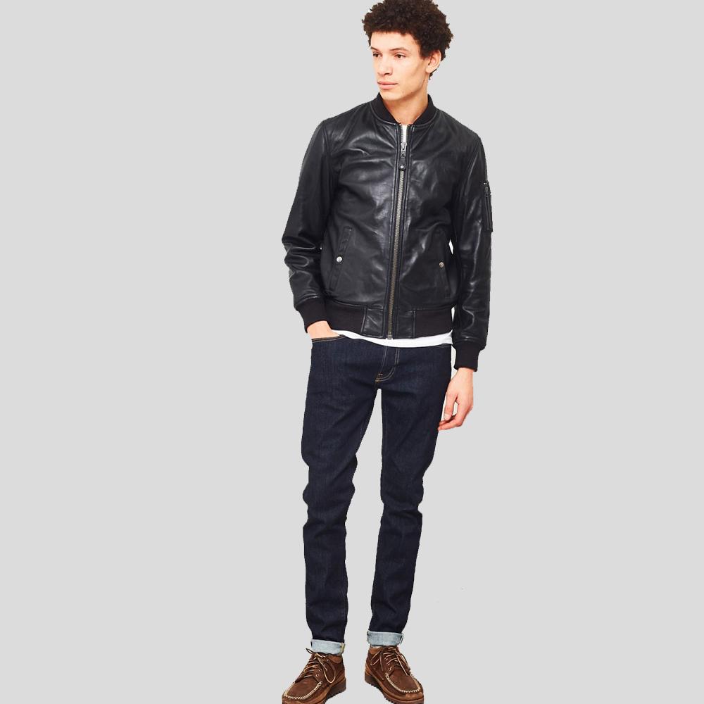 men's black lambskin leather bomber jacket carden detail close up
