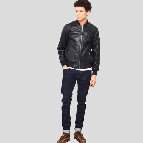 men's black lambskin leather bomber jacket carden detail close up