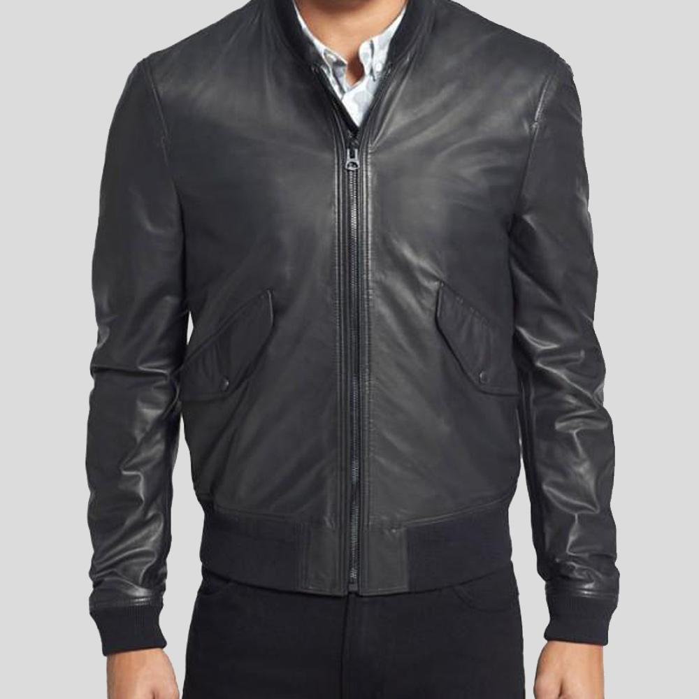 • black bomber leather jacket mens front view
