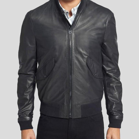 • black bomber leather jacket mens front view
