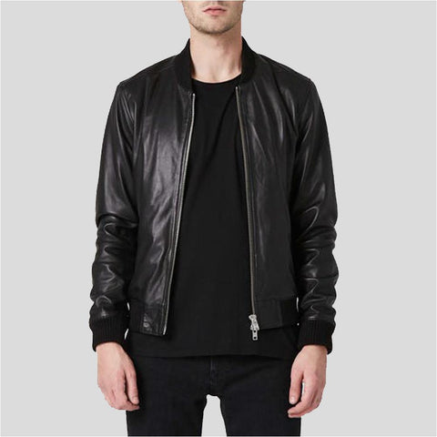 men’s black lambskin leather bomber jacket front view