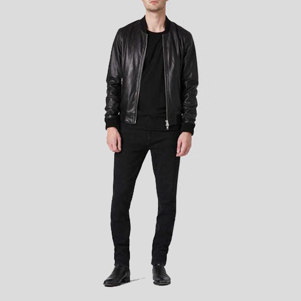 men’s black lambskin leather bomber jacket back view