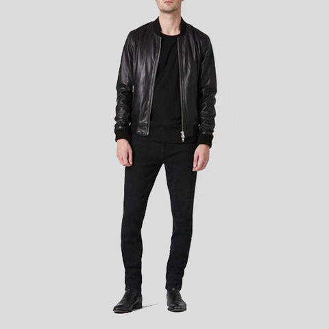 men’s black lambskin leather bomber jacket back view