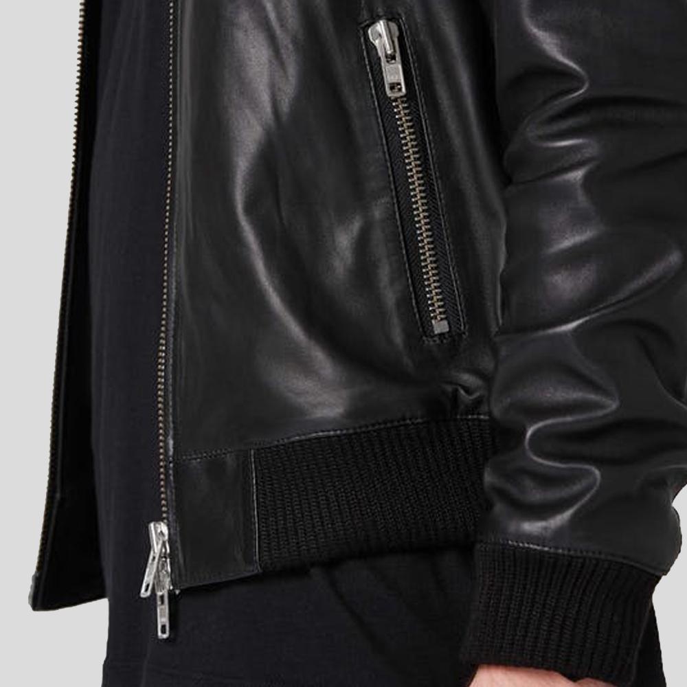 men’s black lambskin leather bomber jacket side angle