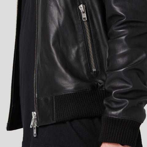 men’s black lambskin leather bomber jacket side angle