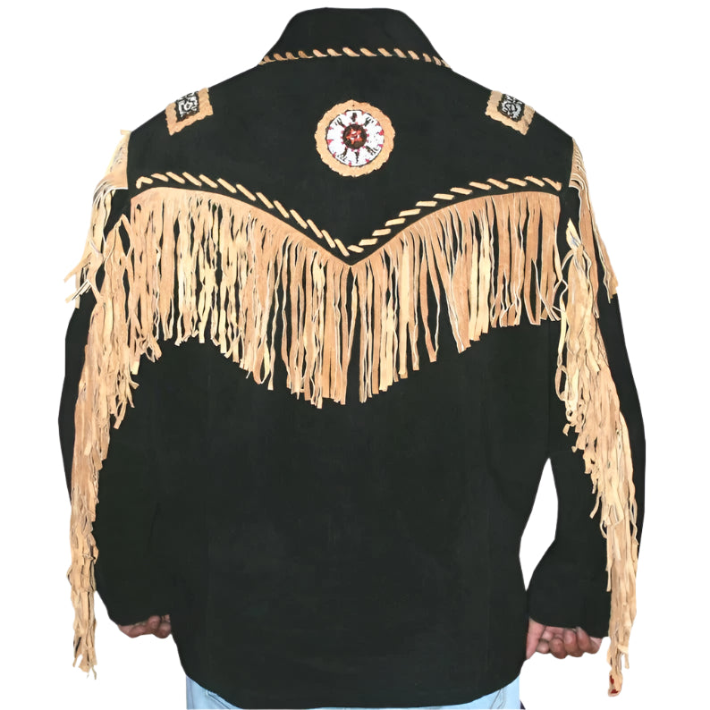 Black Cowboy Western Leather Jacket with Fringes & Beads – Stylish - AMSEL LEATHERS