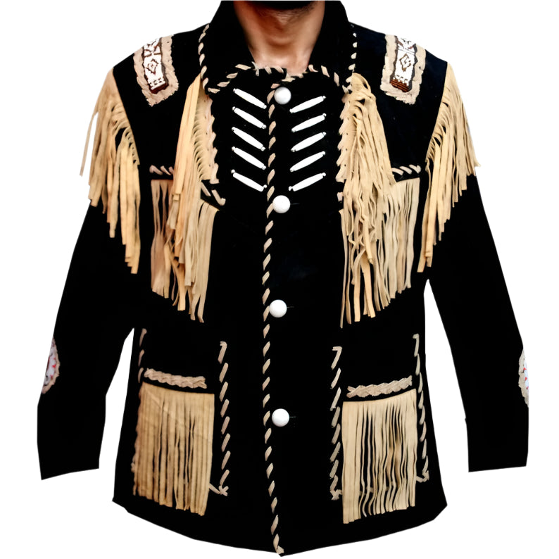 Black Cowboy Western Leather Jacket with Fringes & Beads – Stylish - AMSEL LEATHERS