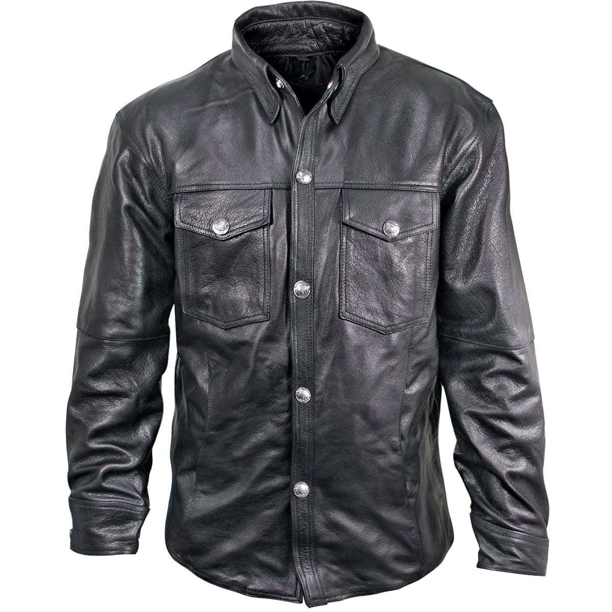 Black Genuine Leather Shirt for Men with Vintage Buffalo Buttons - AMSEL LEATHERS