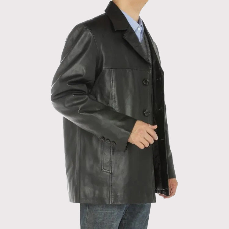 Black Lambskin Leather Overcoat Blazer Jacket for Men - AMSEL LEATHERS