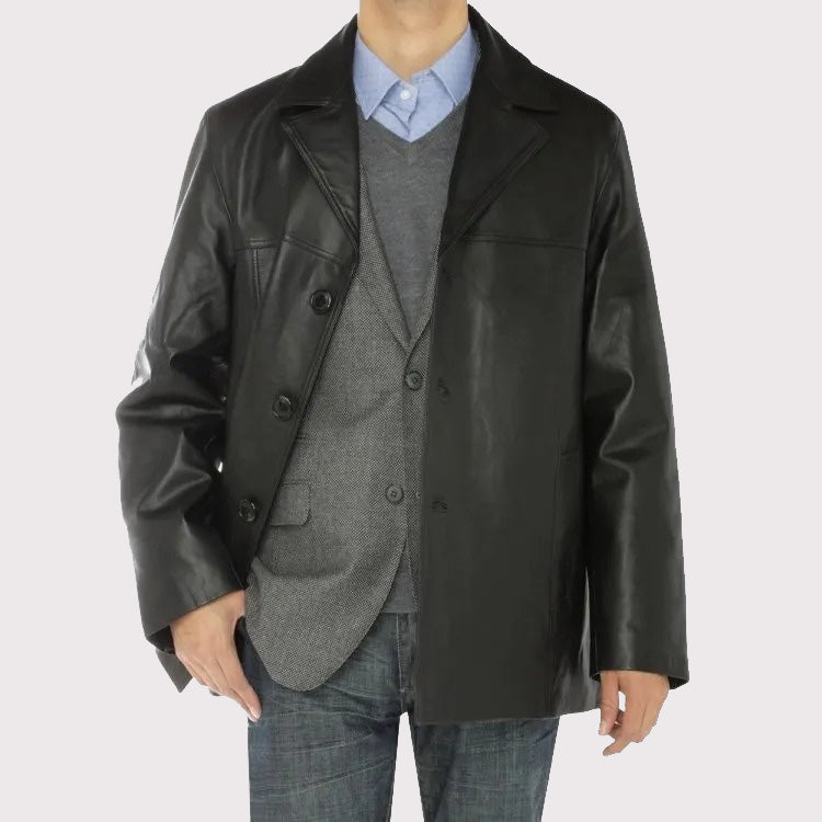 Black Lambskin Leather Overcoat Blazer Jacket for Men - AMSEL LEATHERS