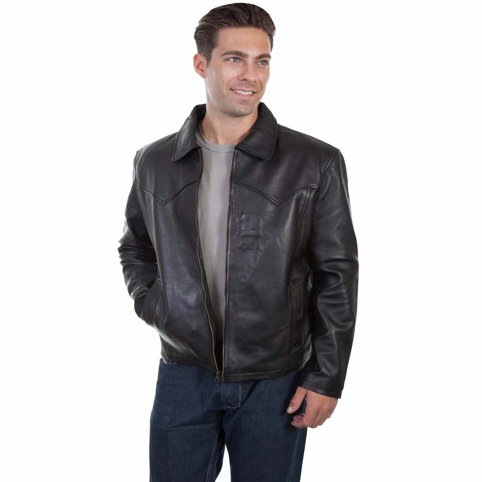 Black Leather Jacket with Turn Down Collar - AMSEL LEATHERS