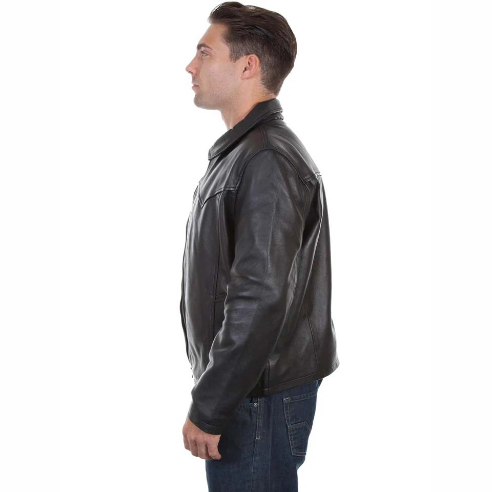 Black Leather Jacket with Turn Down Collar - AMSEL LEATHERS