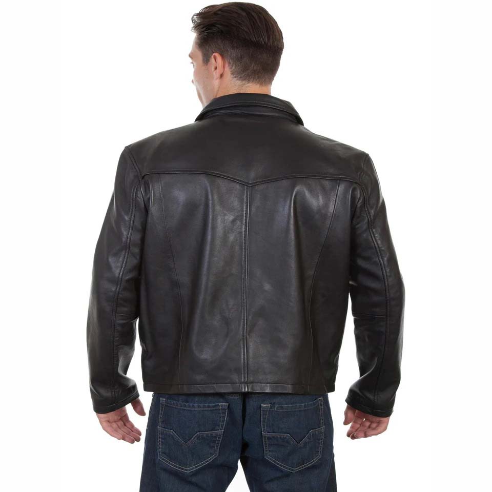 Black Leather Jacket with Turn Down Collar - AMSEL LEATHERS