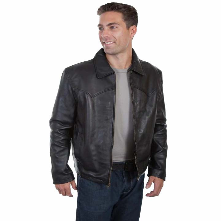 Black Leather Jacket with Turn Down Collar - AMSEL LEATHERS