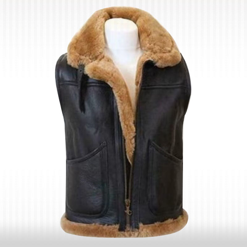 Black Leather Sheepskin Gillet Vest - AMSEL LEATHERS