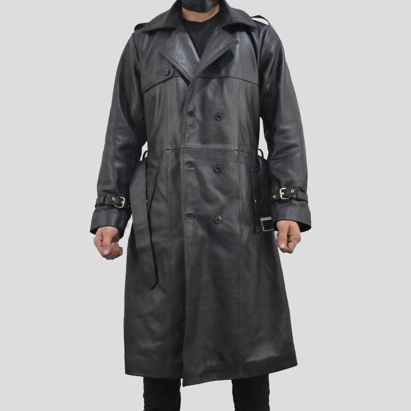 Classic Black Single Breasted Leather Trench Coat for Men - AMSEL LEATHERS