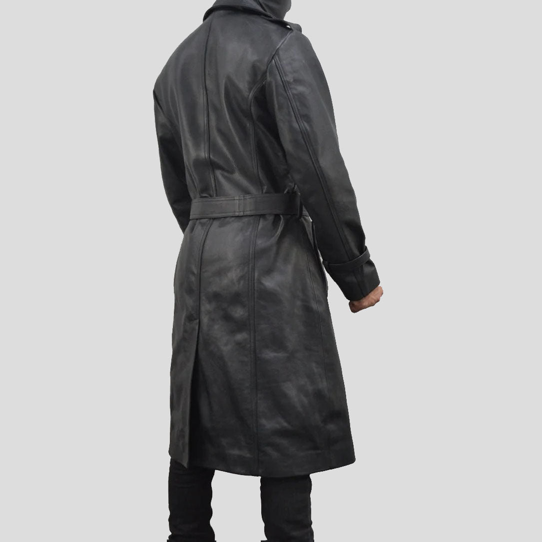 Classic Black Single Breasted Leather Trench Coat for Men - AMSEL LEATHERS