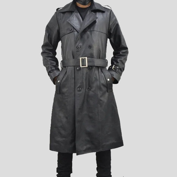 Classic Black Single Breasted Leather Trench Coat for Men - AMSEL LEATHERS