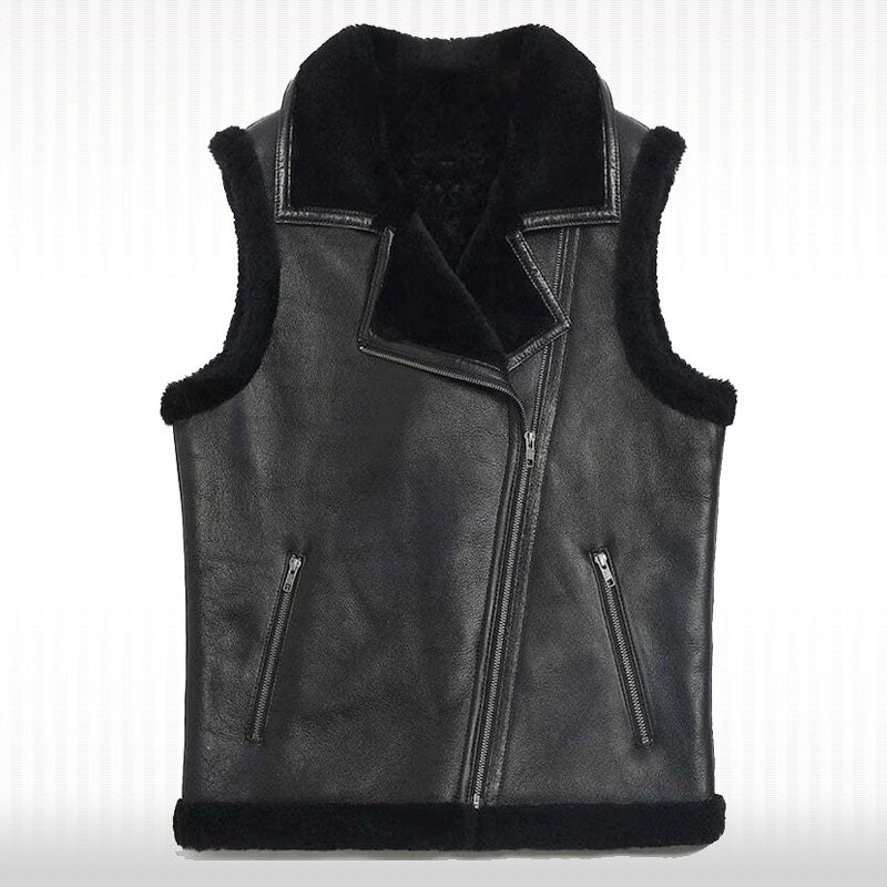 Black Men's Shearling Sheepskin Leather Vest - AMSEL LEATHERS