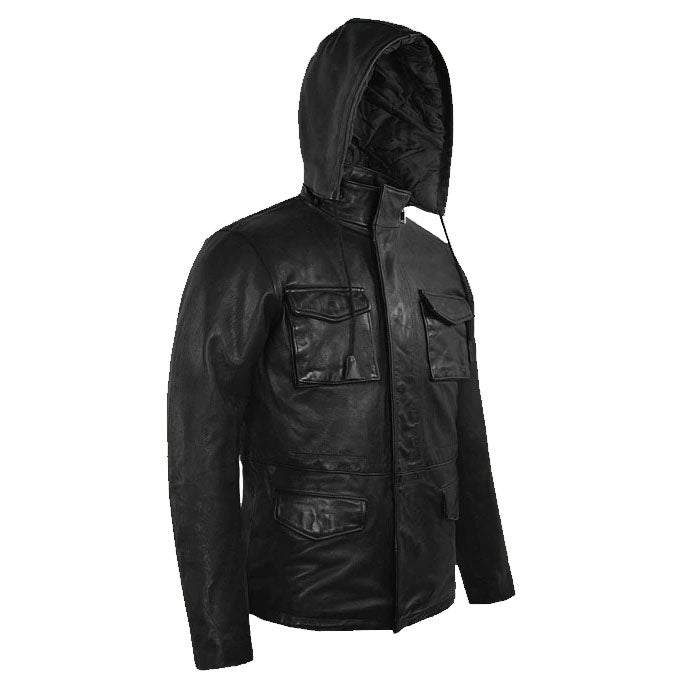 Black Military M-65 Hood Leather Jacket - AMSEL LEATHERS